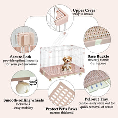 Pet Cage for Cat & Dogs | Dog Cage with Open-Top Design, Metal Wire, Lockable Door, Removable Tray and Universal Wheels | Ideal for Indoor/Outdoor | Easy to Assemble 98 cm (Pink)