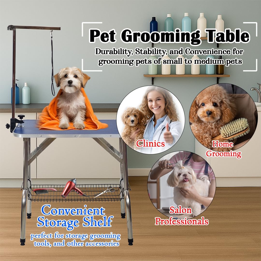 Foldable Pet Grooming Table with Non-slip surface, Folding crossbeams, and Portable, Beauty station for small to medium pet, Space saving design, Storage Basket, Adjustable Arm & Noose, 145 cm (Blue)
