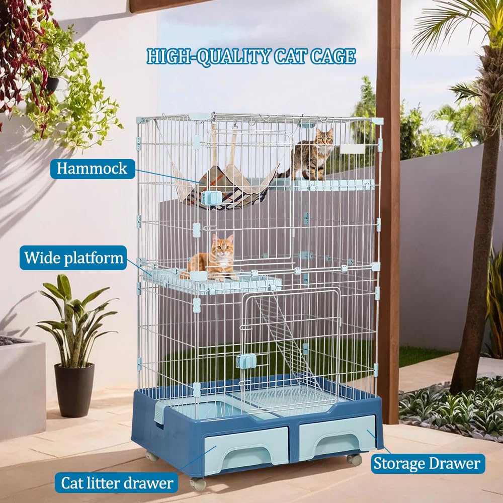 Cat cage playpen for Multi-cat household, 3-tier cat cage with Cozy hammock, Wide platform, Climbing ladder, Build-in litter box, and Universal wheels, Ideal for indoor/outdoor use 133 cm (Blue)