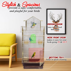 Golden bird cage with Removable tray, Food container and Perches, 104 cm Metal bird house for small to medium birds, Portable cage with Swing, Convenient Handle and Indoor-Outdoor Cage