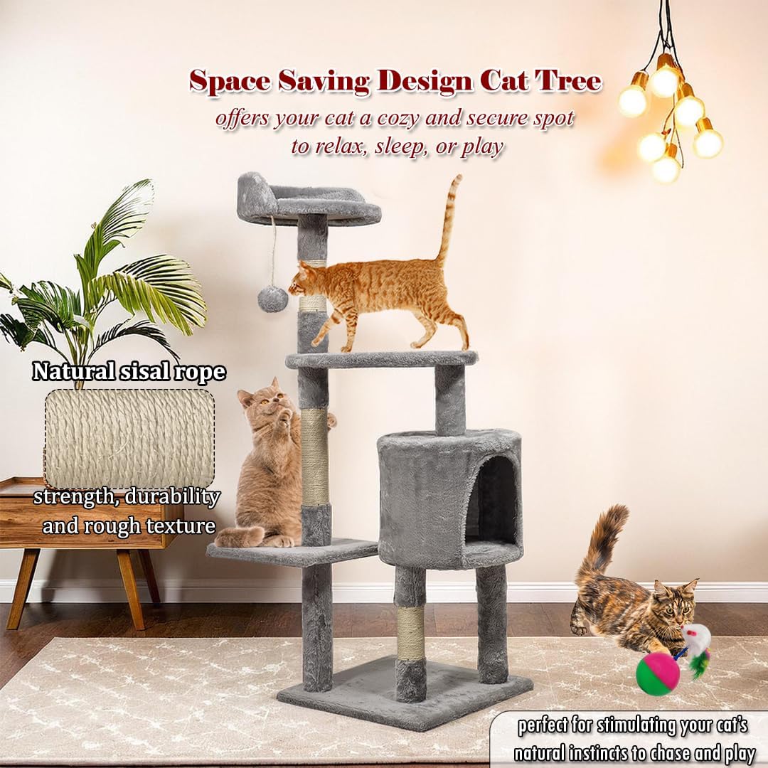 Cat tree activity center for Indoor cats, Multi-level cat tree with Mouse tumbler toy, Top perch, Dangling ball, Sisal scratching post, and Cozy cat condo, Easy to assemble 112 cm (Grey)