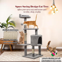 Cat tree activity center for Indoor cats, Multi-level cat tree with Mouse tumbler toy, Top perch, Dangling ball, Sisal scratching post, and Cozy cat condo, Easy to assemble 112 cm (Grey)