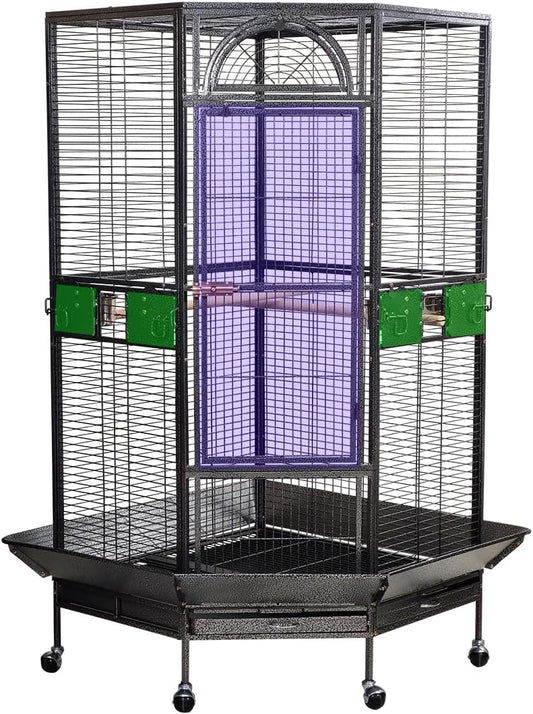 Corner bird cage for Parrots, Macaws and Parakeets, Heavy-duty metal large bird cage with Wooden perch, Stainless steel food bowls, Removable tray, and Universal wheels, 162 cm (Black)