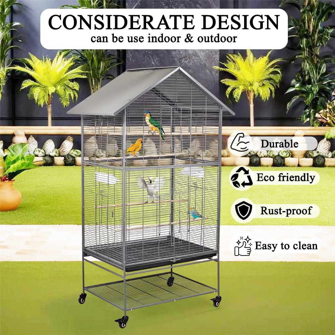 Bird cage for Medium to Large-sized birds, Durable house-roof design bird cage with Wooden perches, Feeding cups, Slide-out tray, Storage shelf, and Universal wheels 167 cm (Grey)