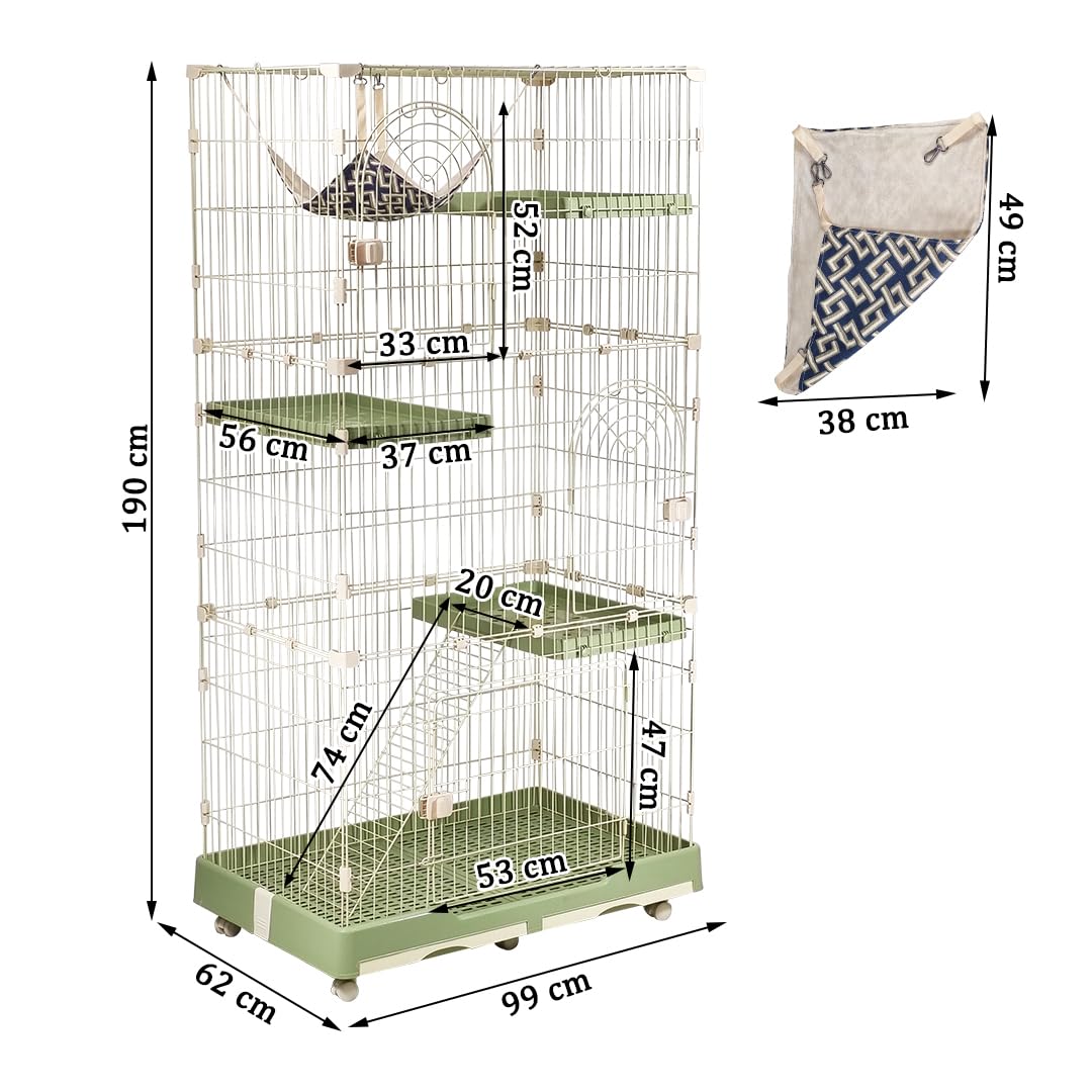 Large cat cage with 3 lockable doors, Hammock, Wide platforms, Climbing ladder, Removable tray, and Universal wheels, Durable metal wire cat cage for indoor & outdoor, Easy assembly 190 cm (Green)