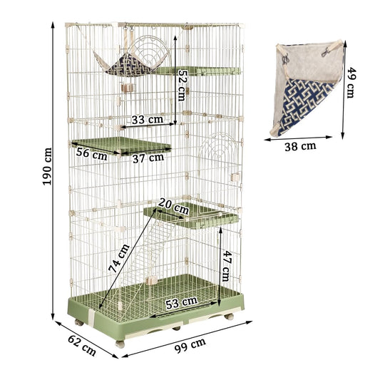 Large cat cage with 3 lockable doors, Hammock, Wide platforms, Climbing ladder, Removable tray, and Universal wheels, Durable metal wire cat cage for indoor & outdoor, Easy assembly 190 cm (Green)