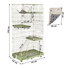 Large cat cage with 3 lockable doors, Hammock, Wide platforms, Climbing ladder, Removable tray, and Universal wheels, Durable metal wire cat cage for indoor & outdoor, Easy assembly 190 cm (Green)