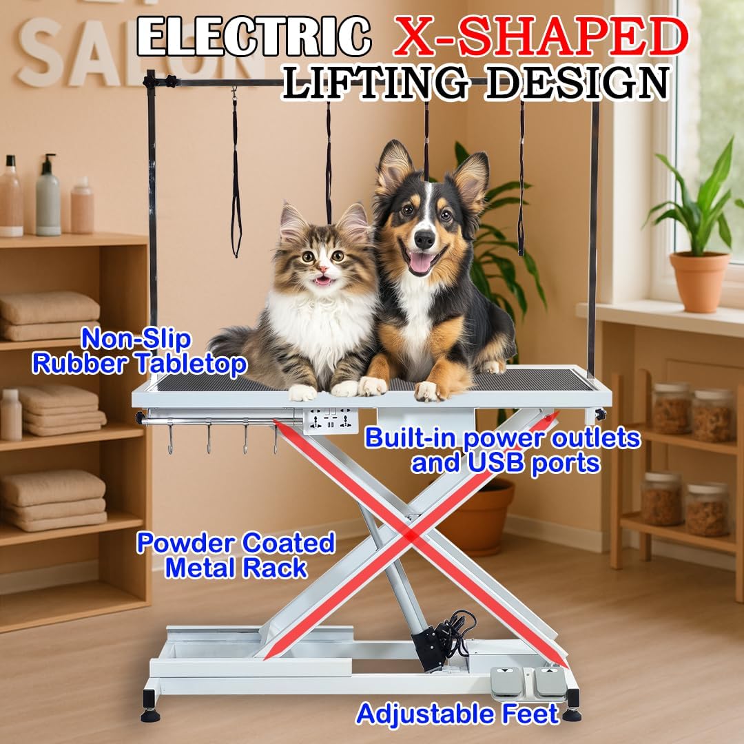 Electric Pet Grooming Table with Foot pedal, Power outlets & USB, Tool Hook and Storage, 191 cm Dog grooming station with Electric motor, Non-slip & Replaceable surface, Height adjustable (White)