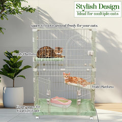Cat Cage with Rolling Casters, Elevated Lounging Platforms, Secure Locking Doors, and Leak-Proof Base, Heavy-Duty Metal Cat Enclosure for Indoor Cats & Kittens, Easy to Assemble, 101 cm, Green