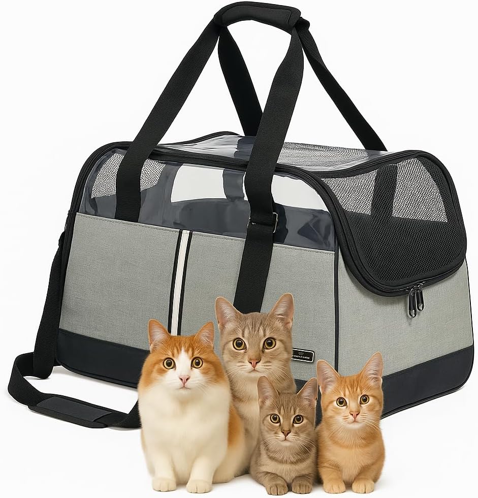 Cat Carrier Bag with Open Top Cover - Pet Travel Carrier with Carry Handle, Adjustable Shoulder Strap, Pockets & Safety Inside Leash - Breathable Mesh - Ideal for Dogs & Cats (Grey, 50cm)