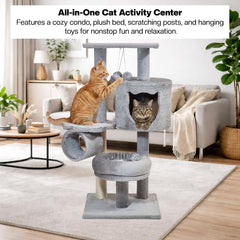 Cat tree for Indoor cats & Kittens, Space-saving cat climbing tower with Elevated perch, Hanging toys, Sisal scratching post, Soft plush condo, and Tunnel bed, Easy to assemble, 90 cm (Grey)