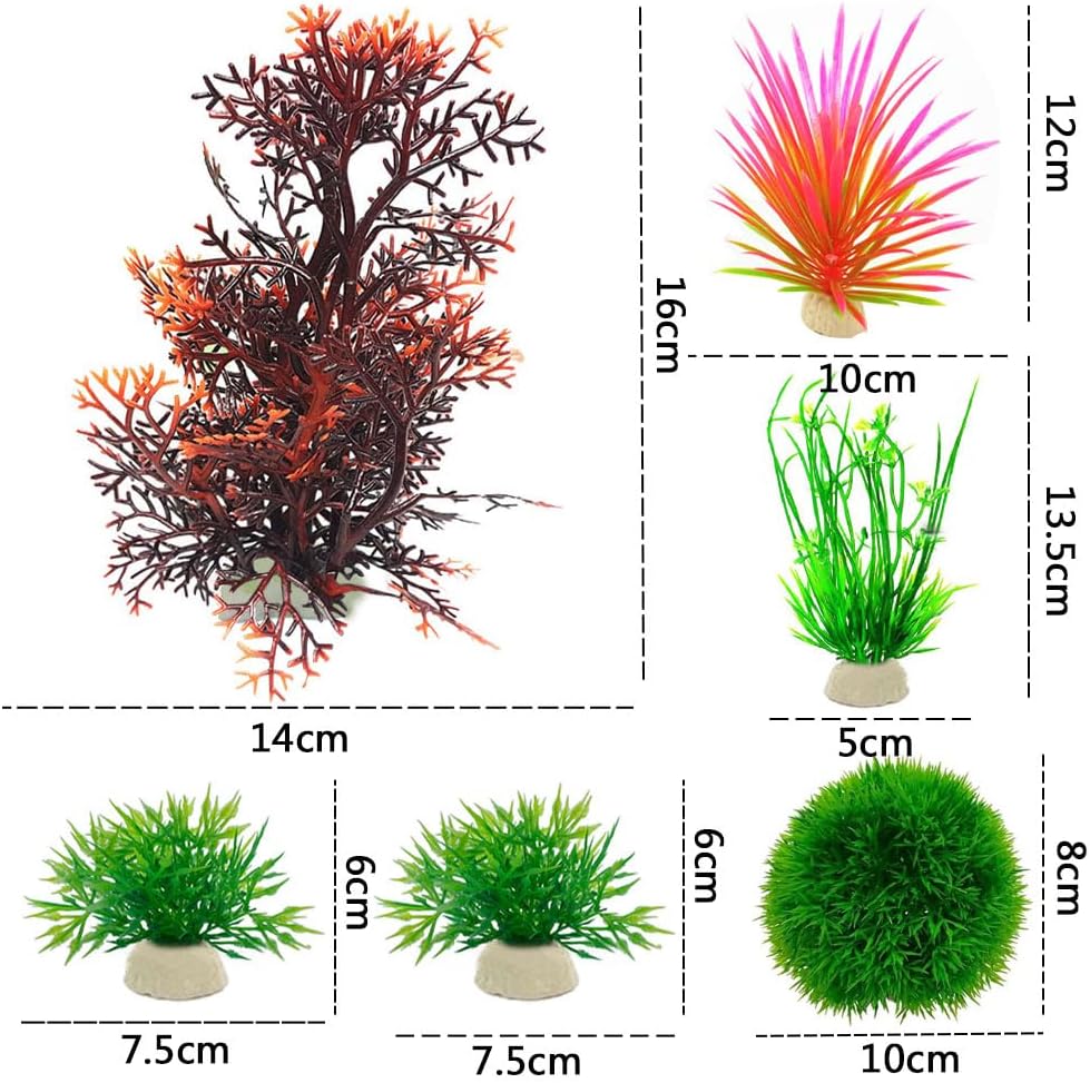 Aquarium Fish Tank Plastic Plants and Cave Rock Decorations Set 7 PCS, Small and Large Artificial Fish Tank Plants with Cave Rock Fish Tank Accessories Style B