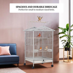 Bird Cage - Bird House & Villa - Parrot Cage for Small to Medium-Sized Birds – 87 cm Durable Metal Birdcage with Wooden Standing Perch, Feeding Cups, Slide-Out Tray, and Universal Wheels