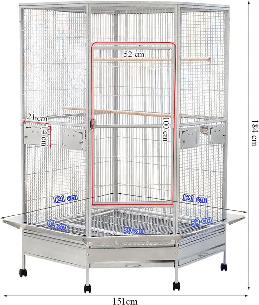 Large bird cage for Parrots, Parakeet, and Macaw, Spacious metal bird cage with Wooden standing perch, Feeding bowls, Removable tray, and Universal wheels 184 cm (Grey)