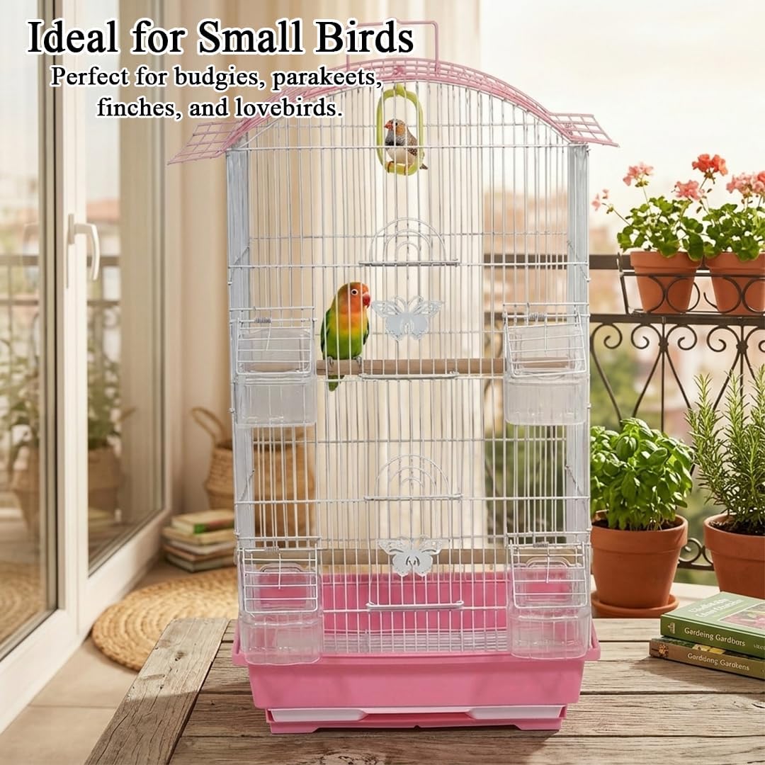 Small Bird Cage with Perches, Feeders and Swing, Ideal for Parakeets, Lovebirds, and Small Parrots, 62 cm Metal Cage with Hanging, Pull-out Tray, Portable, Durable and Top-Roof Design (Pink)