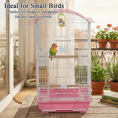 Small Bird Cage with Perches, Feeders and Swing, Ideal for Parakeets, Lovebirds, and Small Parrots, 62 cm Metal Cage with Hanging, Pull-out Tray, Portable, Durable and Top-Roof Design (Pink)