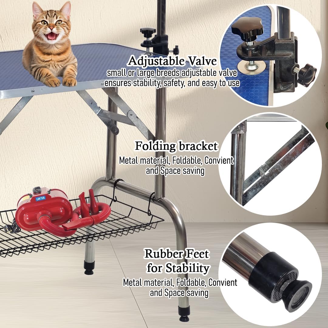 Foldable Pet Grooming Table with Non-slip surface, Folding crossbeams, and Portable, Beauty station for small to medium pet, Space saving design, Storage Basket, Adjustable Arm & Noose, 145 cm (Blue)