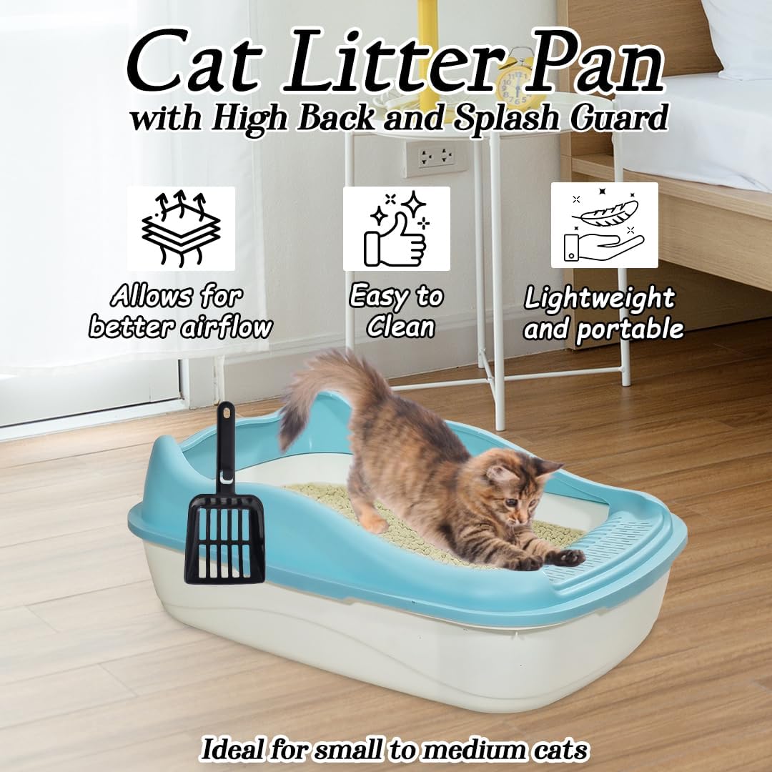 Anti-splash cat litter box with Enclosed design, Easy to clean, Durable plastic material and Removable, Cat Litter Pan with Scoop, Portable, Large size, High fence, and All size cats