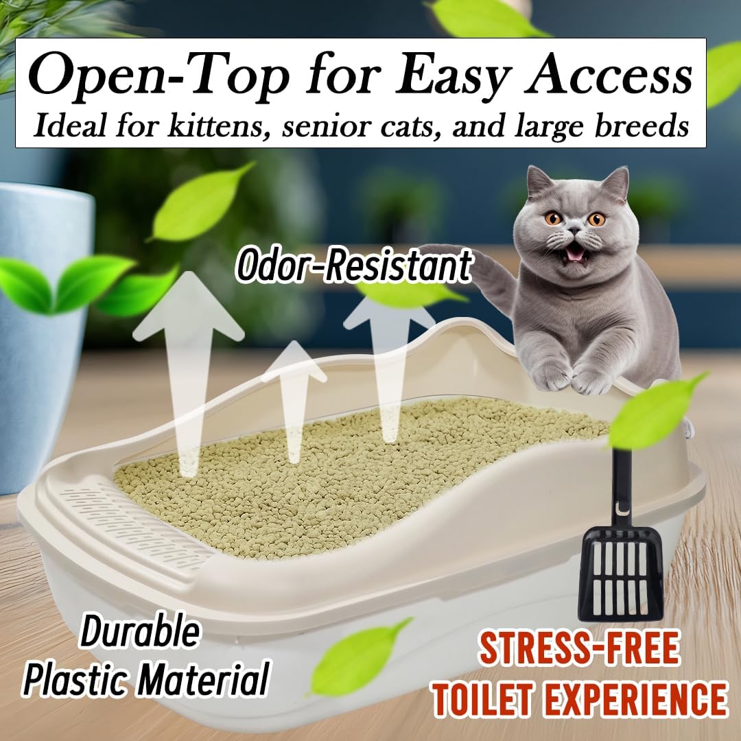 Anti-splash cat litter box with Enclosed design, Easy to clean, Durable plastic material and Removable, Cat Litter Pan with Scoop, Portable, Large size, High fence, and All size cats