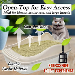 Anti-splash cat litter box with Enclosed design, Easy to clean, Durable plastic material and Removable, Cat Litter Pan with Scoop, Portable, Large size, High fence, and All size cats