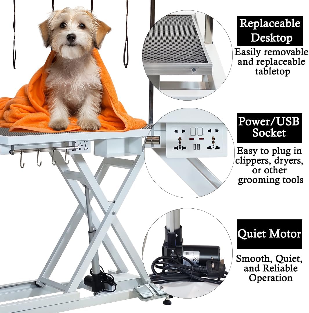 Electric Pet Grooming Table with Foot pedal, Power outlets & USB, Tool Hook and Storage, 191 cm Dog grooming station with Electric motor, Non-slip & Replaceable surface, Height adjustable (White)
