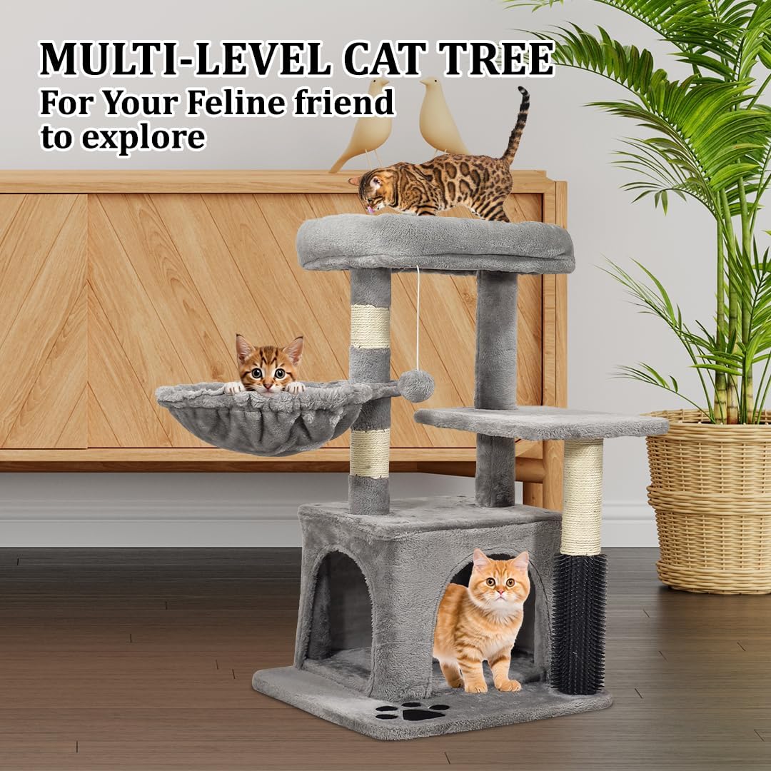 Cat tree activity center with Padded perch, Dangling ball, Cozy hammock, Sisal scratching post, Cozy cat condo, and Self grooming brush, Ideal for kittens and Large cats 78 cm (Grey)