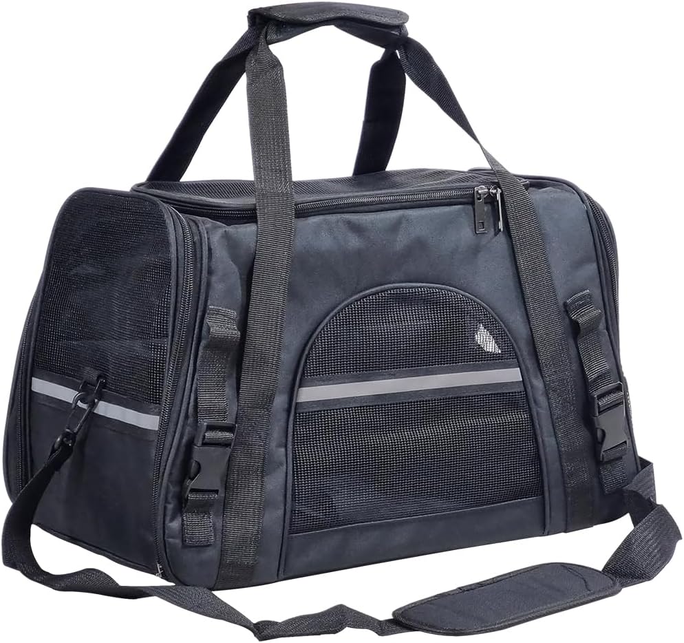 Pet carrier bag for Cats & Small dogs, Four-sided breathable cat bag with Adjustable shoulder strap, Zipper closure, Side pocket, and Durable polyester material, Ideal for Outdoor travel 45 cm (Black)