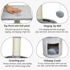 Modern cat tower with Hideaway cave and Hanging ball, Space saving design, Easy to fix and Portable, 59 cm Cat activity tree with Scratching pole, Protect furniture for Indoor cats and kittens