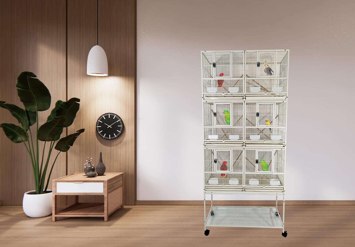 Bird cage for bird breeding, Durable bird cage with 3-layer design, Wooden perches, Plastic food cups, Removable tray, Bottom shelf, and Universal wheels, Easy to assemble 210 cm (White)