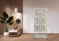 Bird cage for bird breeding, Durable bird cage with 3-layer design, Wooden perches, Plastic food cups, Removable tray, Bottom shelf, and Universal wheels, Easy to assemble 210 cm (White)