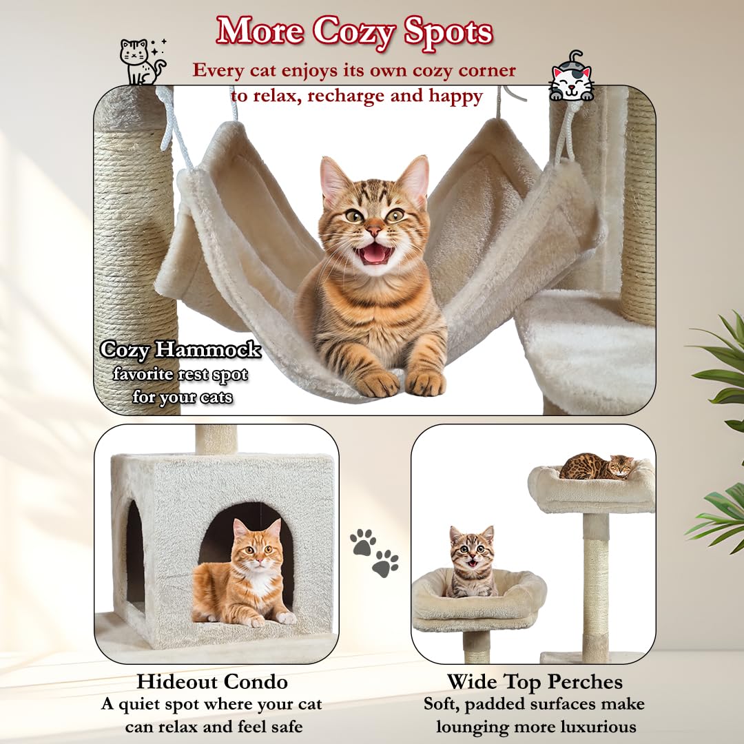 Cat Tree Tower for Big Cats with Double Soft Perches, Cozy Cat Condo, Scratching Post, Spacious Hammock & Self-Grooming Brush, Durable Cat Climbing Frame (Beige, 145 cm)