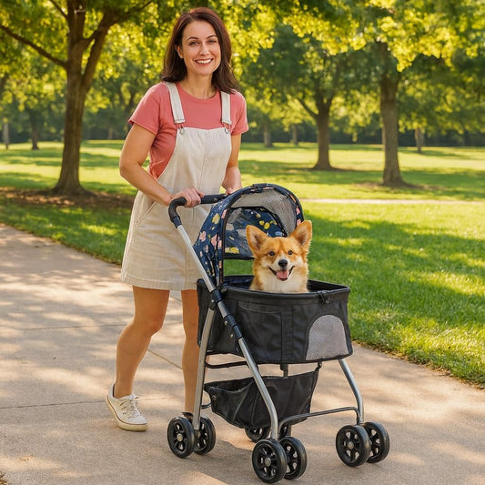 Dog Stroller & Trolley with Adjustable & Spacious Interior | 4 Wheel for Cats and Dogs | Lightweight & Foldable | Storage Bag | Travel & Outdoor Cat Stroller- 95 cm (Dark Black)
