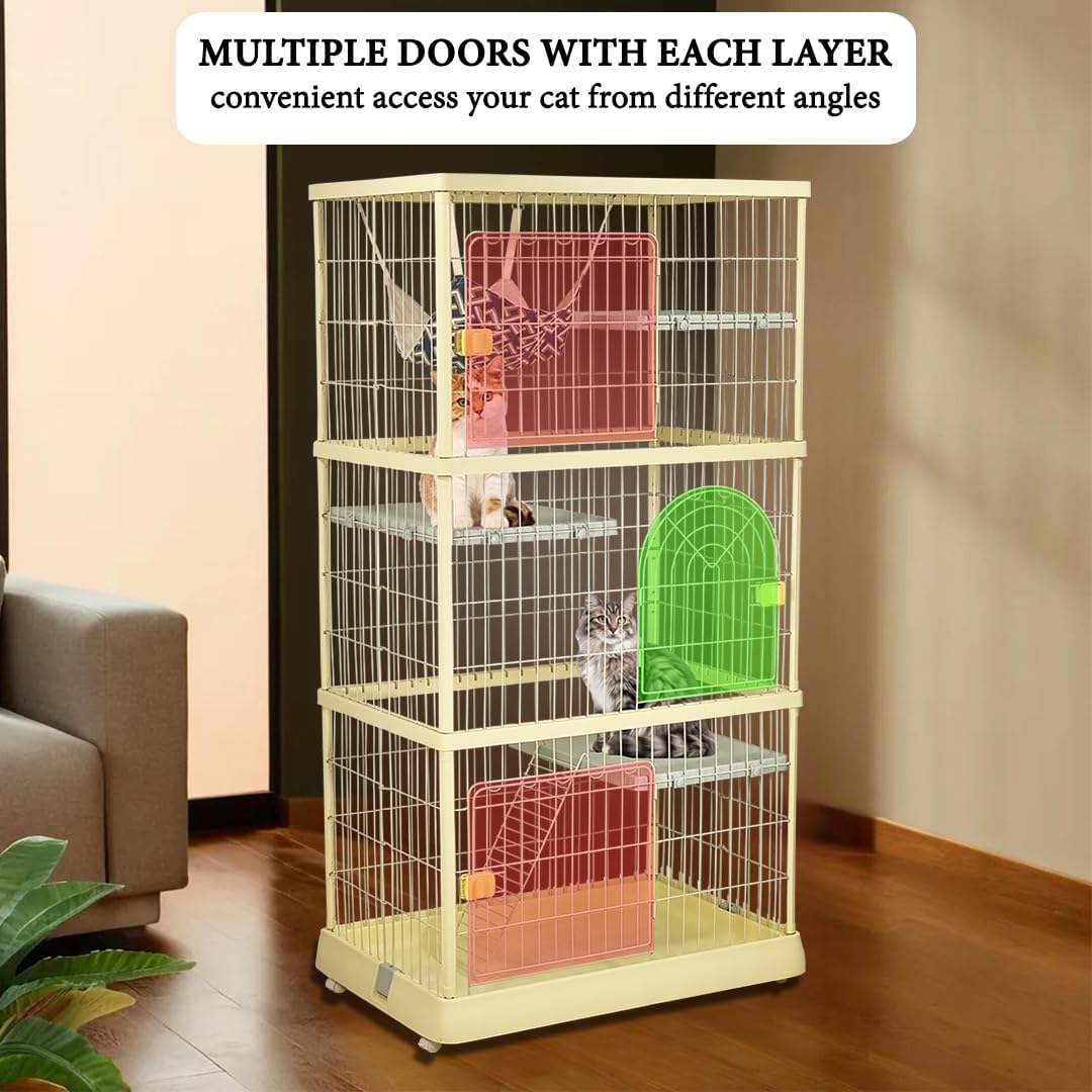 Large cat cage with 3 lockable doors, Cozy hammock, Wide platforms, Climbing ladder, and Universal wheels, Durable metal wire cat cage, Ideal for Multi-cat households, Easy assembly 172 cm (Yellow)
