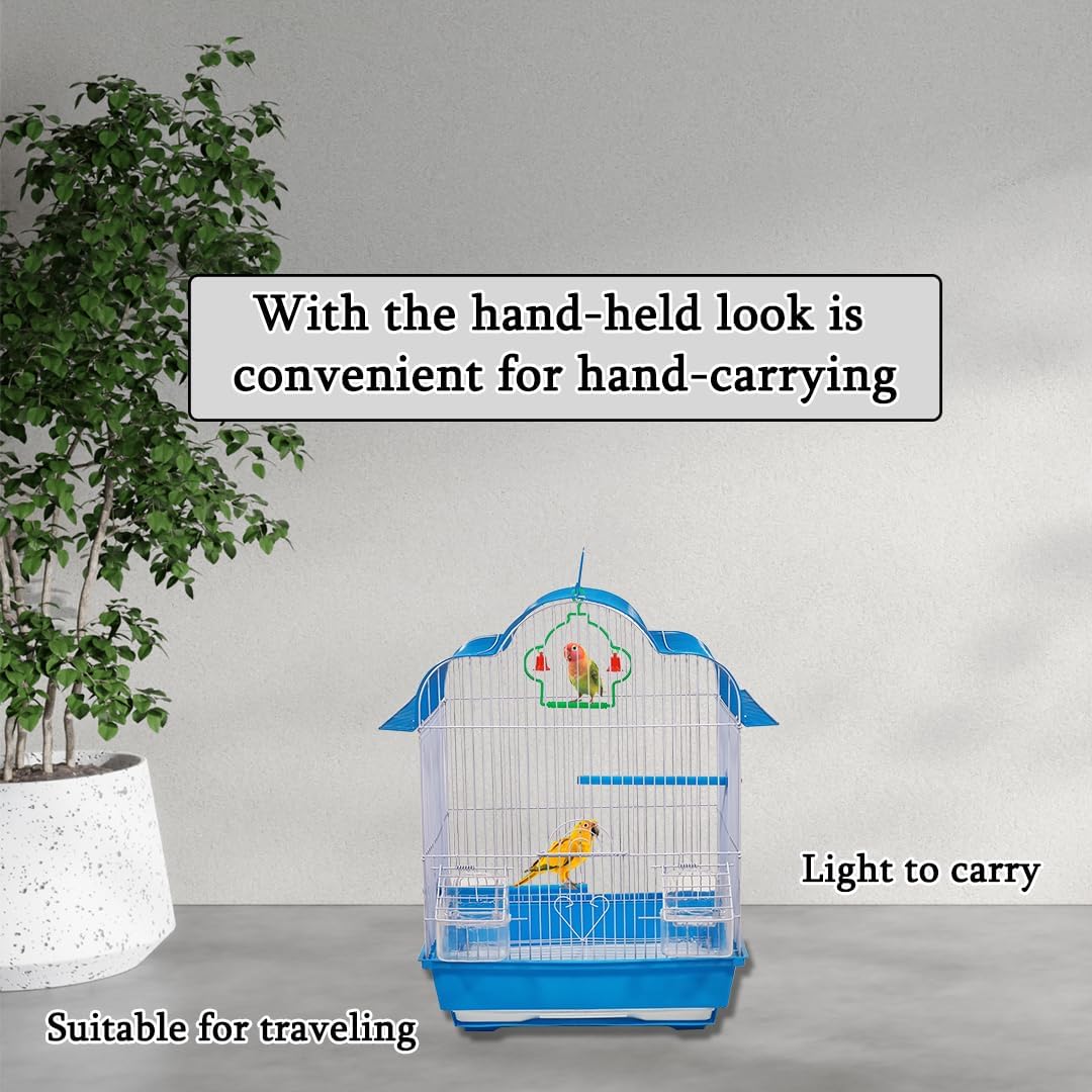 Birdcage with Portable handle, Multiple perches, Plastic feeding cups, and Removable tray, Durable metal wire bird cage for small-sized birds, Easy to assemble 51 cm (Blue)
