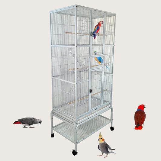 Bird cage with Detachable rolling stand, Wooden perches, Feeding cups, Climbing ladder, Storage shelf, and Universal wheels, Sturdy metal bird cage for small to medium birds, 170 cm (White)