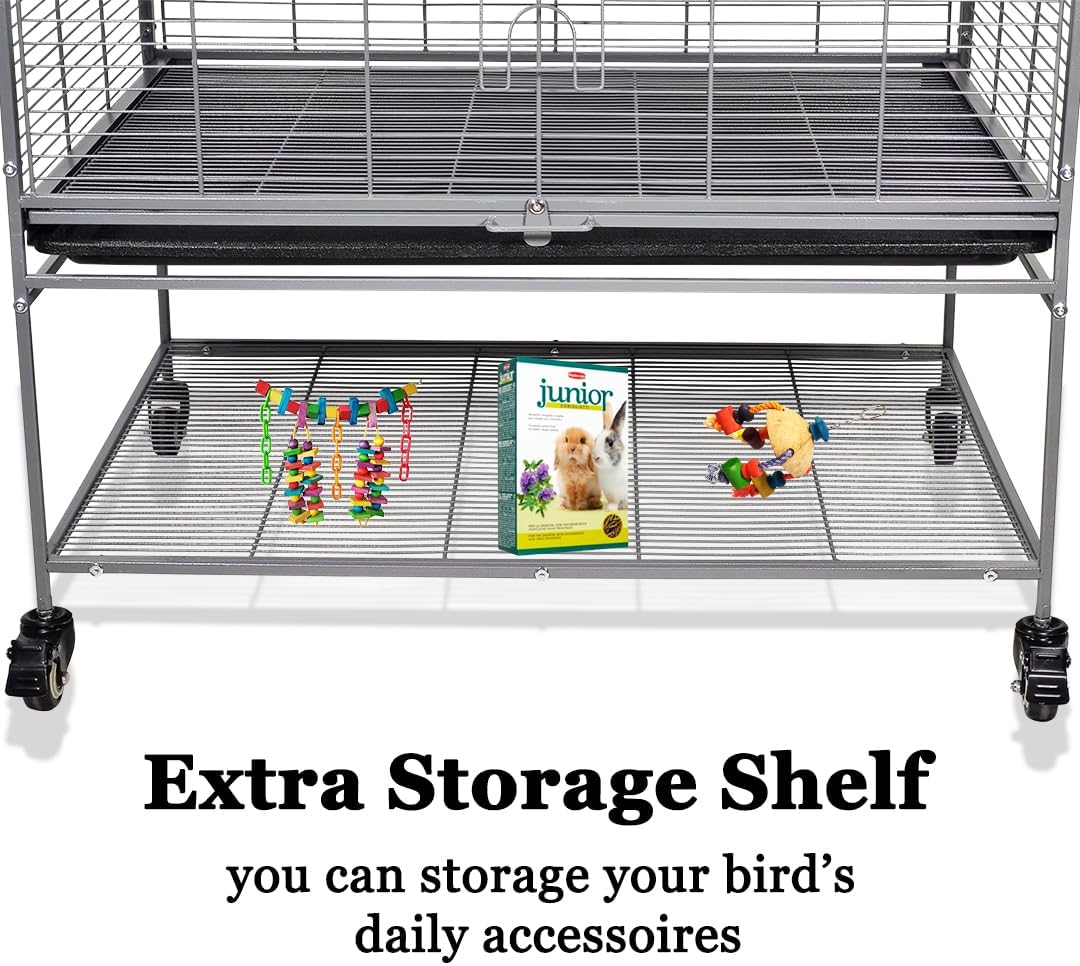 Bird cage for Medium to Large-sized birds, Durable house-roof design bird cage with Wooden perches, Feeding cups, Slide-out tray, Storage shelf, and Universal wheels 167 cm (Grey)
