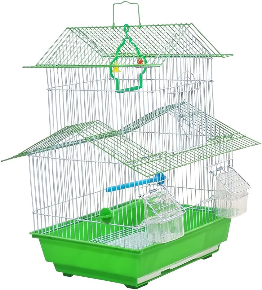 Small bird cage with Carry Handle, Perches, Hanging Toy, Pull-out tray and Feeding Cups, 49 cm Travel cage for Small birds, Indoor-Outdoor use, Easy to clean (Green)