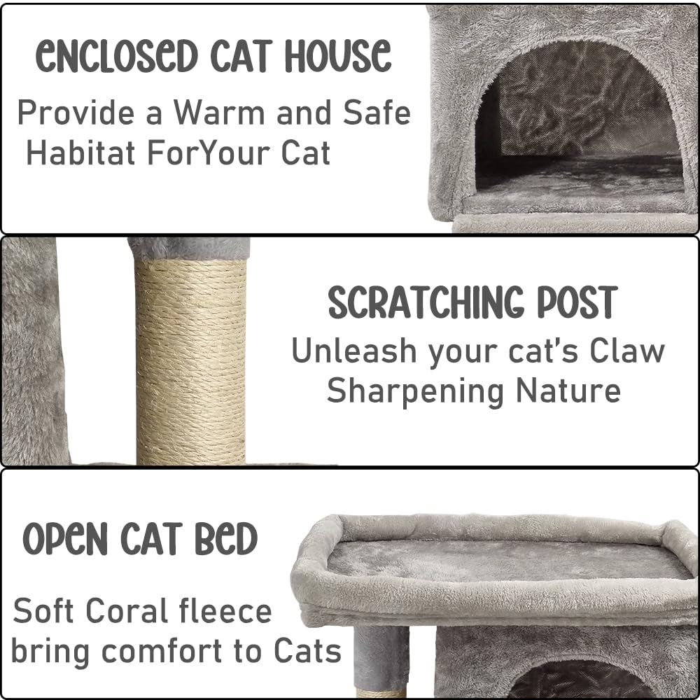 Cat Tree with Large Perch - 65cm Cat Tower House- Open Cat Bed - Spacious Cat Condos & Sisal Cat Scratching Post - Dangling Ball - Pet Tree for Indoor Cats & Kittens (Grey)