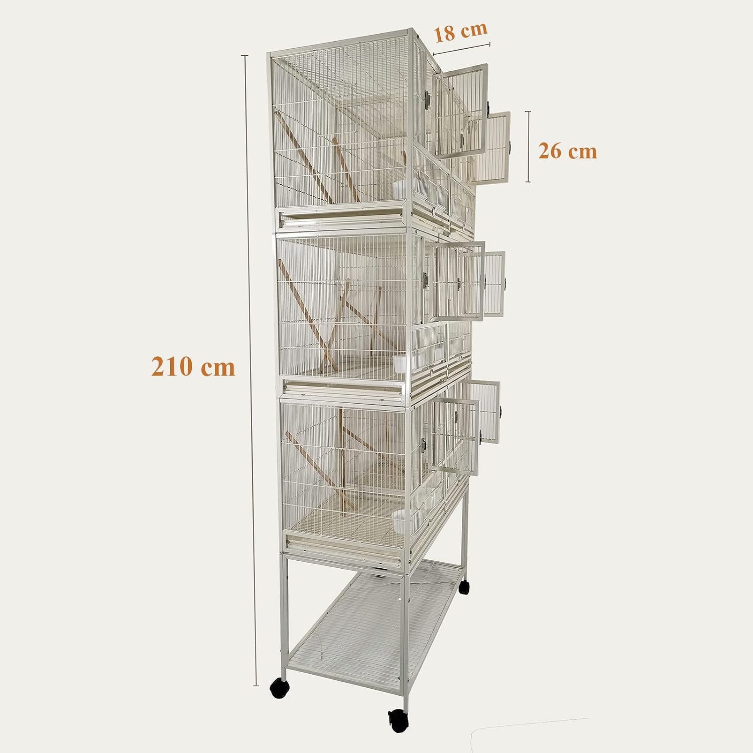 Bird cage for bird breeding, Durable bird cage with 3-layer design, Wooden perches, Plastic food cups, Removable tray, Bottom shelf, and Universal wheels, Easy to assemble 210 cm (White)