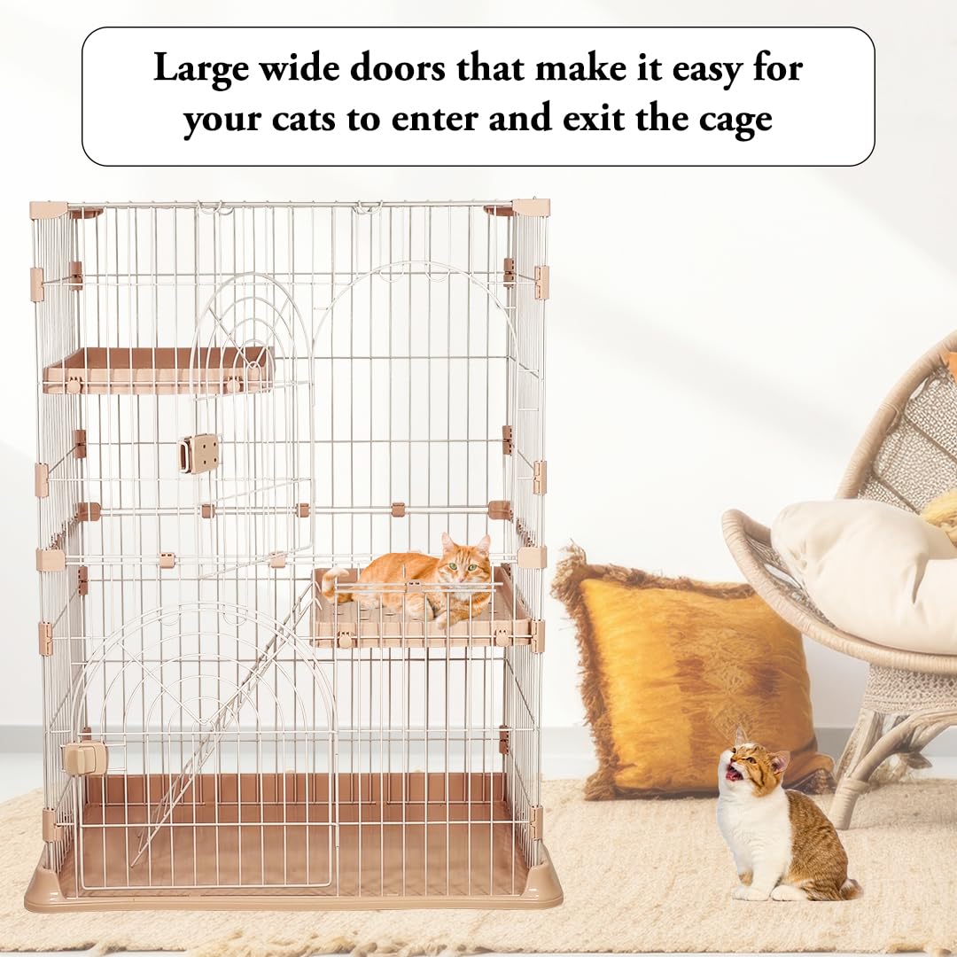 Cat Cage Playpen with 2-Lockable Doors, Wide Platforms, Climbing Ladder, and Leak-Proof Plastic Base, 2-Tier Metal Wire Pet Cage for Indoor/Outdoor Use, Ideal for Multi-Cat Households, 108 cm, Pink