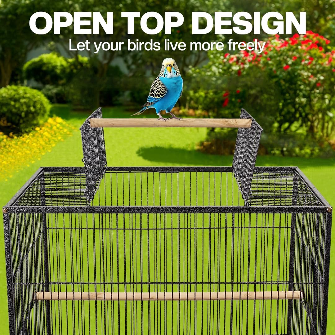 Bird cage for Small to Medium birds, Wrought iron bird cage with Open-top design, Feeding cups, Wooden Perches, Slide-out tray, and Universal wheels, Ideal for Indoor/Outdoor use, 85 cm (Black)