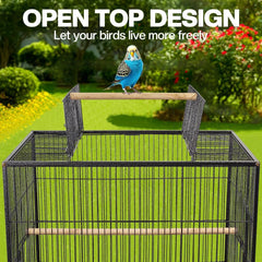 Bird cage for Small to Medium birds, Wrought iron bird cage with Open-top design, Feeding cups, Wooden Perches, Slide-out tray, and Universal wheels, Ideal for Indoor/Outdoor use, 85 cm (Black)