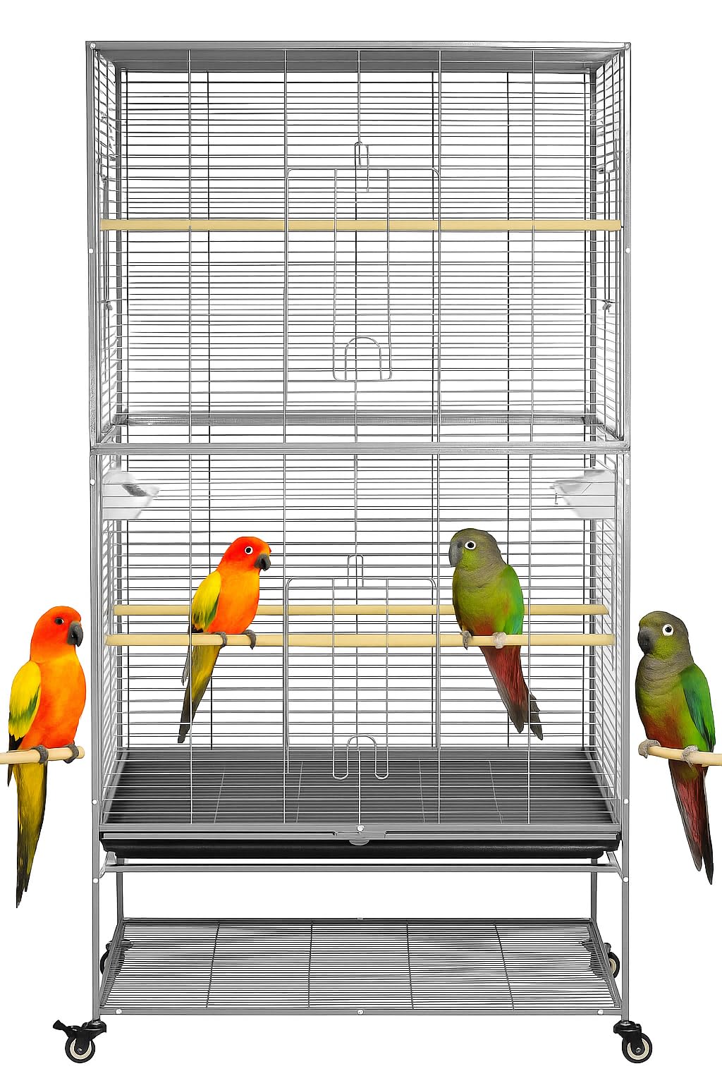 Large bird cage, Durable design and Steel wire, Removable tray and Multiple access doors, Wood perches and Food bowls, Small and medium birds, Universal wheels with brakes 168 cm (Grey)