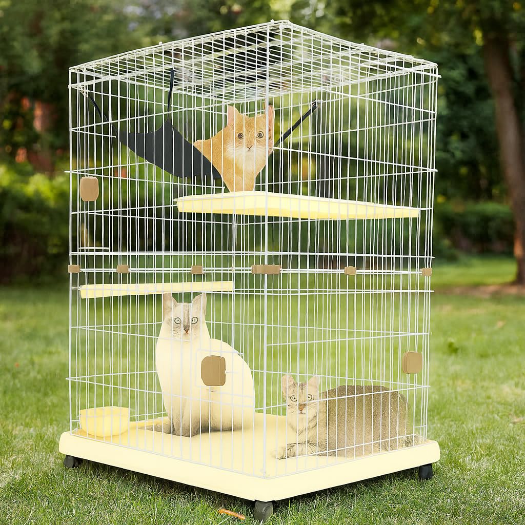 NNC PETS Cat Cage Kennel with 2-lockable Doors - 2-Tiier Metal Wire Pet Cat House Playpen for Indoor Cats - Cozy Hammock, Climbing Ladder, Drawer Tray & Universal Wheels, Easy Assembly (Beige, 115 cm)