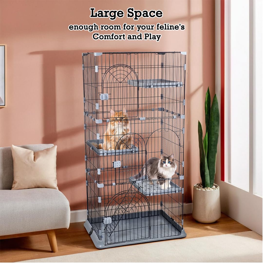 NNC PETS 3-Tier Large Cat Cage Playpen Kennel - 162cm Metal Wire Cat Crate House with 3-lockable Doors, Wide Platforms, Climbing Ladder & Leak-Proof Base - Easy to Assemble (Dark Grey, Large)