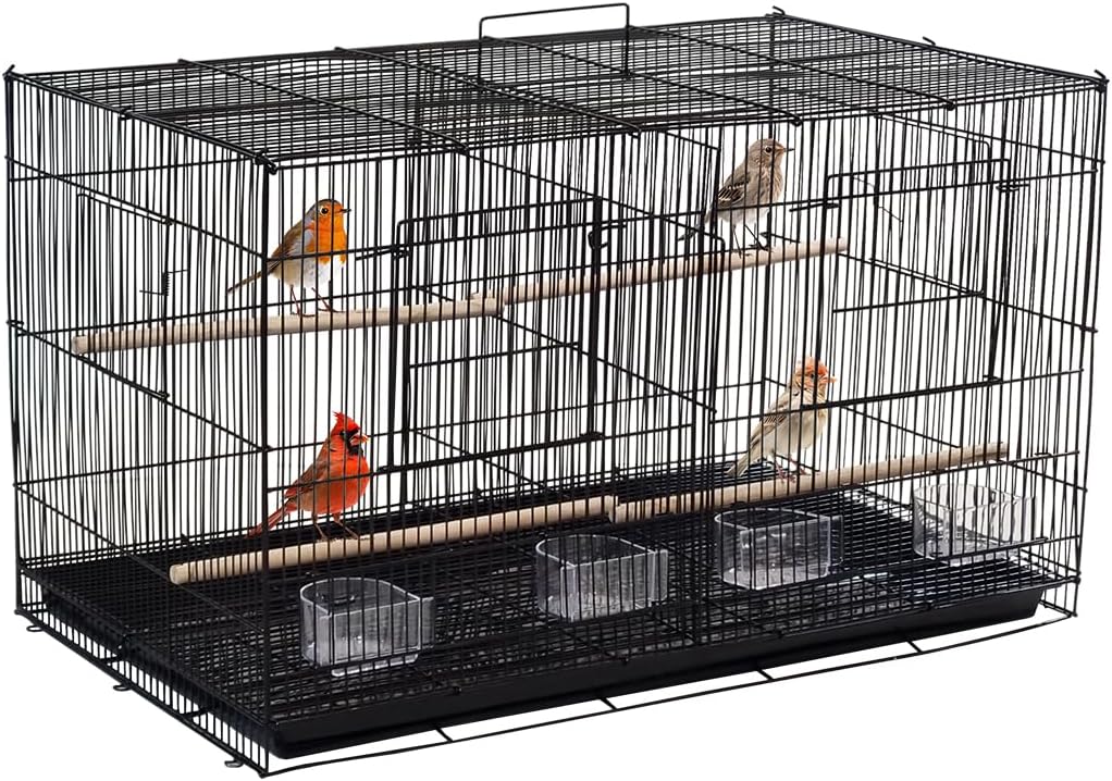 Bird cage with Divider, Wooden perch, Feeding cups, and Removable tray, Sturdy metal wire breeding bird cage for Small-sized birds, Suitable for Indoor/Outdoor use, 76 cm (Black)