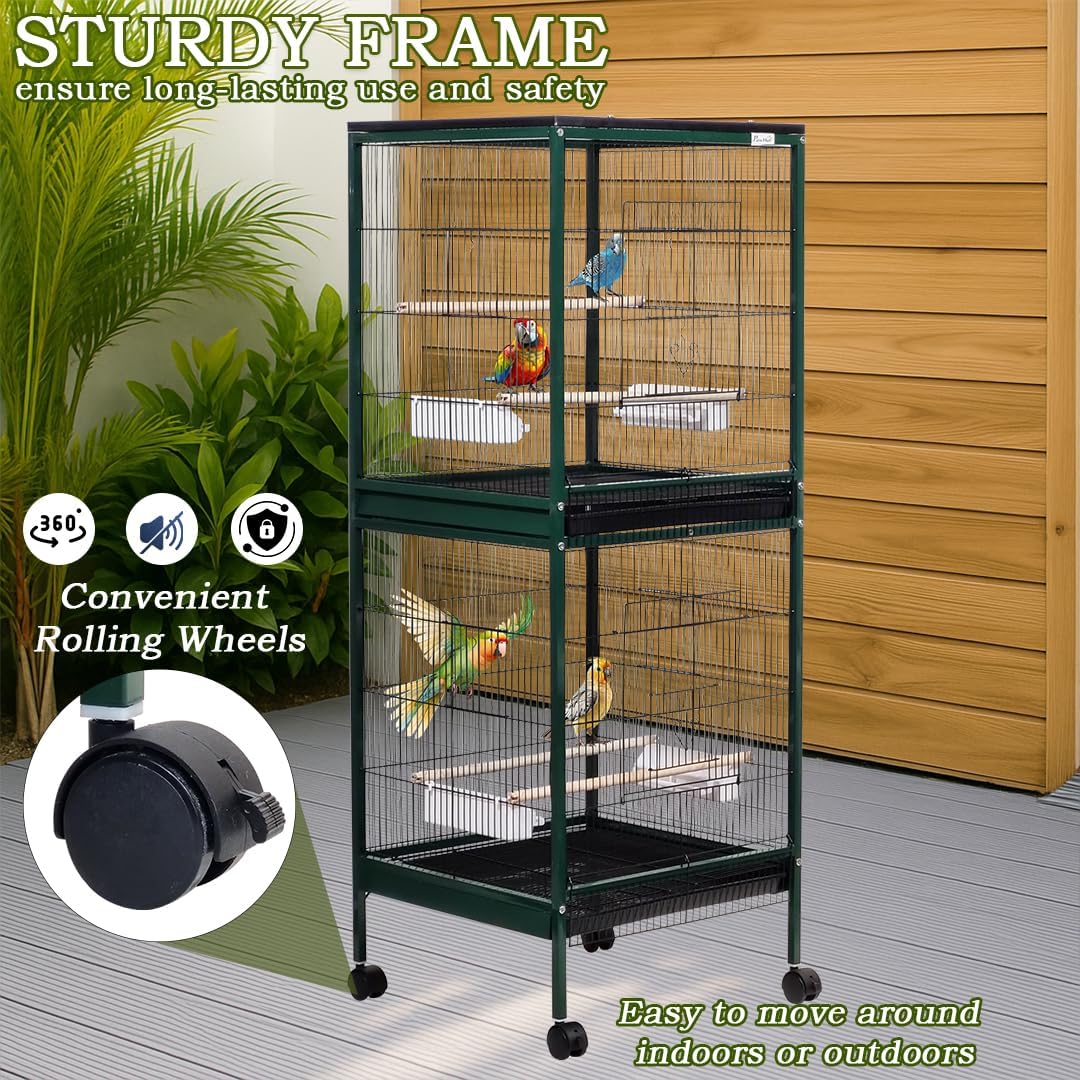 Spacious Dual Bird Cage with Durable and Vertical Design, 143 cm Parrot cage with 4 Wheels, Trays, and Wooden Perches, Partition cage for Indoor-Outdoor use, and Easy to clean (Green)