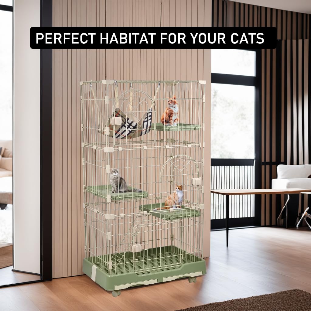 NNC PETS 3-Tier Cat Cage Indoor - Large Metal Cat Crate Kennel with 3 Lockable Doors - Cozy Hammock & Wide Platforms - Climbing Ladder, Drawer Tray & Universal Wheels, 146cm(Green, Large)