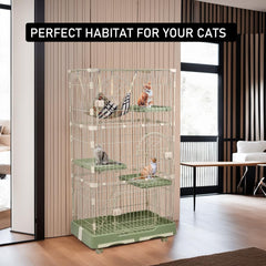 NNC PETS 3-Tier Cat Cage Indoor - Large Metal Cat Crate Kennel with 3 Lockable Doors - Cozy Hammock & Wide Platforms - Climbing Ladder, Drawer Tray & Universal Wheels, 146cm(Green, Large)