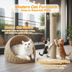 Cat tree small with Wicker basket, natural tower, Scratching post, and Easy to assemble, 75cm Indoor cat furniture for kittens to Adult cats, Cat play and Rest tower, Soft Cushion (Beige)